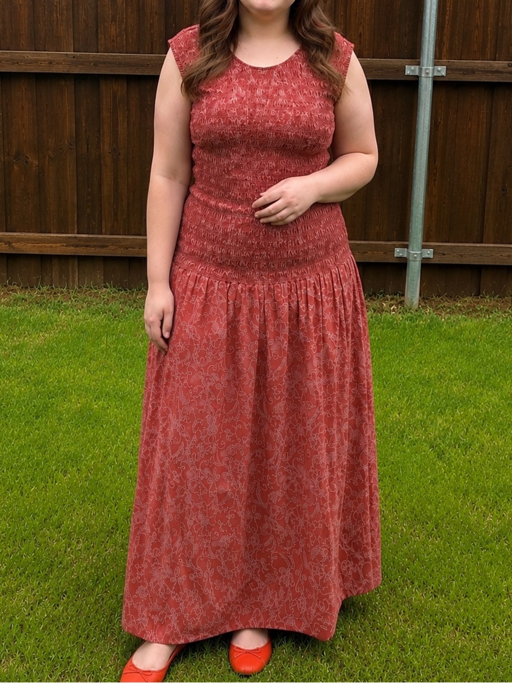Rust Floral Maxi Dress with Smocked Bodice - Women